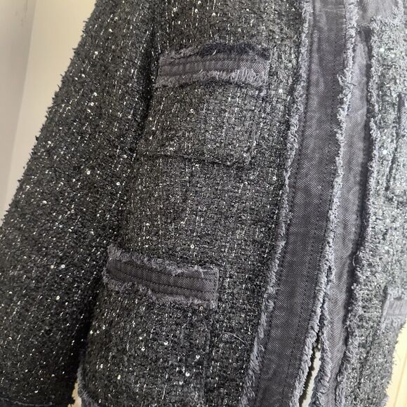 NWT Nanette Lepore Black Sequined Boucle’ Frayed Denim Trim Jacket Tweed Blazer - Picture 3 of 12